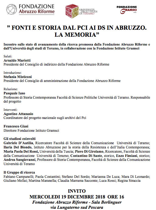 Seminario Fonti e storia dal PCI ai DS in Abruzzo. La Memoria - 19 Dicembre 2018